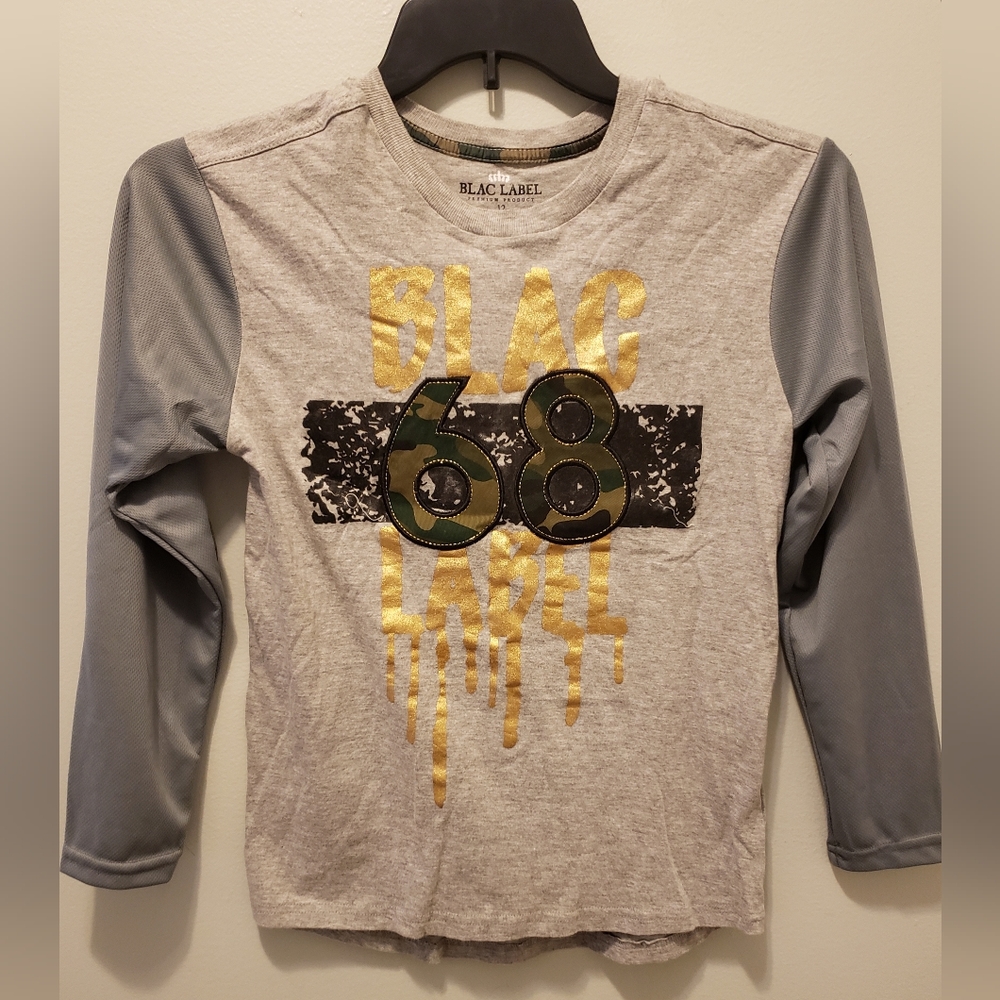 Blac Label Logo Long Sleeve Shirt Boys Size 12 Gray with Camo Accents